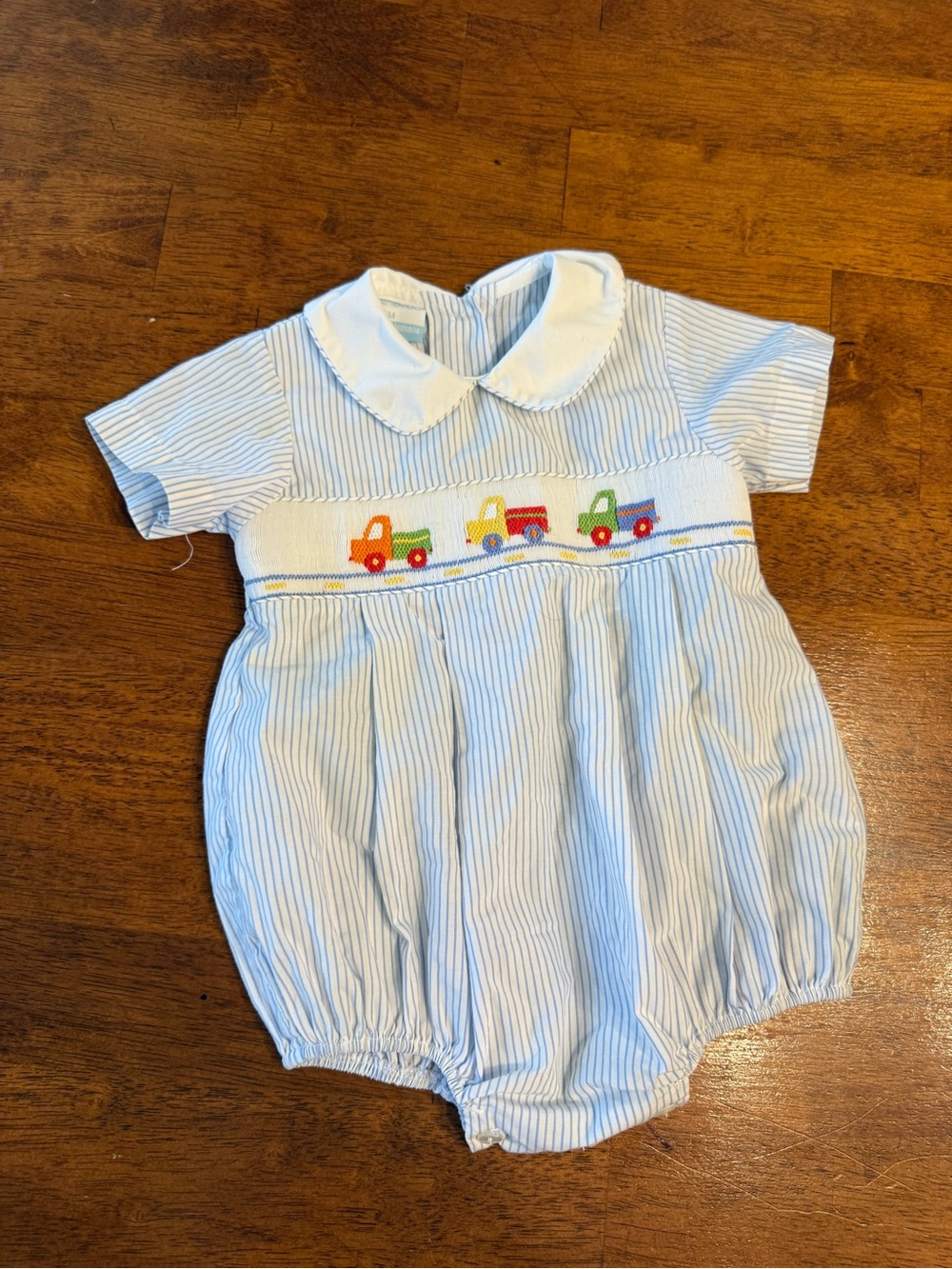 Petit Bebe Blue Striped Smocked Baby Bubble Romper Embroidered Trucks size 6 M